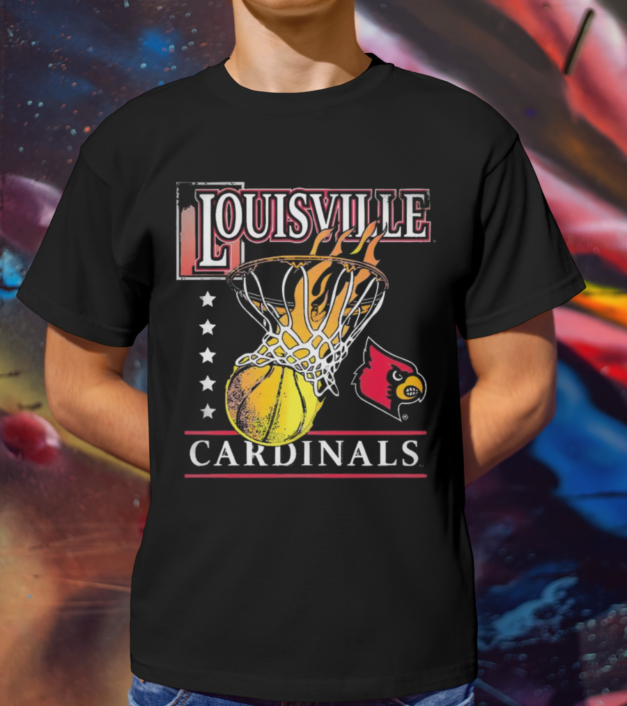 Louisville Cardinals Flaming Basketball Hoop T-Shirt