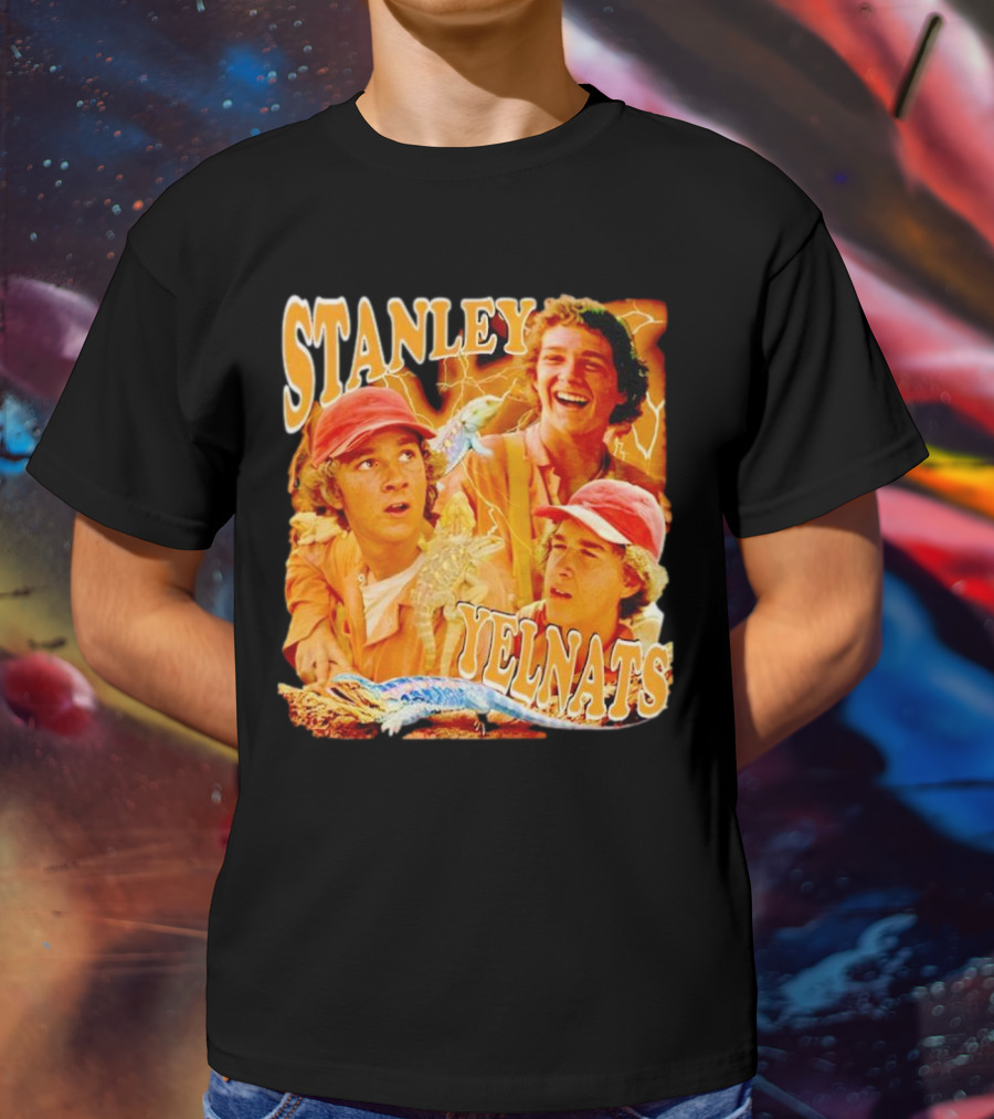 Stanley Yelnats Character Collage With Orange Background And Lizard T-Shirt