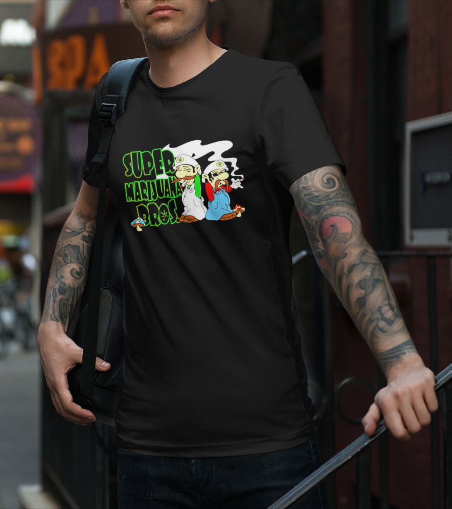 Super Marijuana Bros Weed Parody With Smoking Characters And Mushrooms T-Shirt