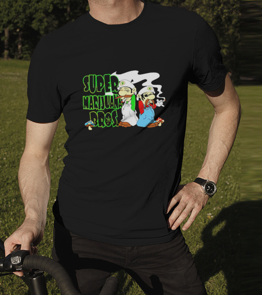 Super Marijuana Bros Weed Parody With Smoking Characters And Mushrooms T-Shirt