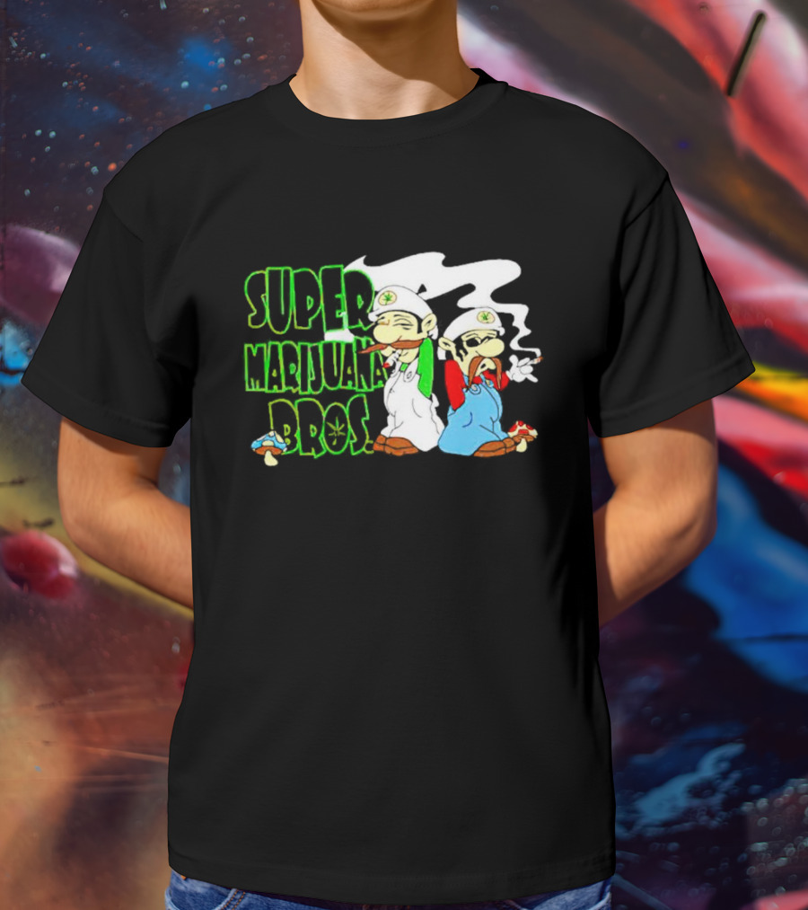 Super Marijuana Bros Weed Parody With Smoking Characters And Mushrooms T-Shirt