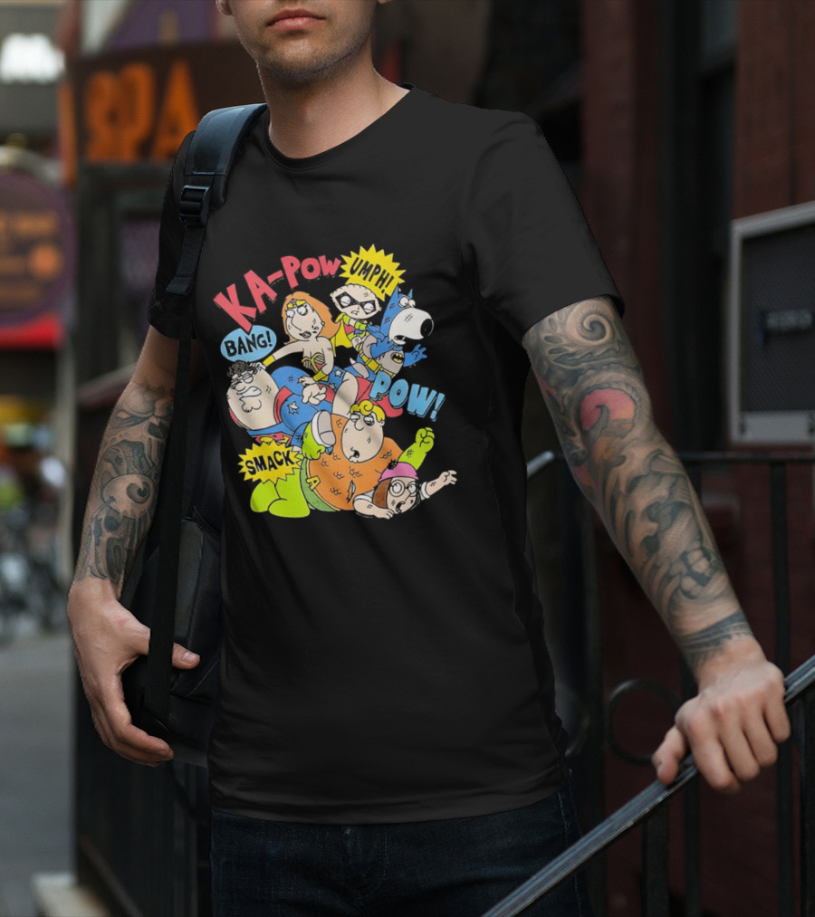 Family Guy Superhero Stewie Brian Peter Lois Chris Meg Ka-Pow Bam Pow Smack Bang T-Shirt