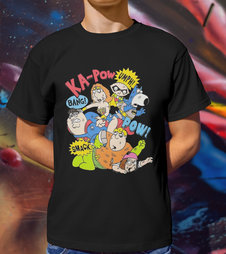 Family Guy Superhero Stewie Brian Peter Lois Chris Meg Ka-Pow Bam Pow Smack Bang T-Shirt