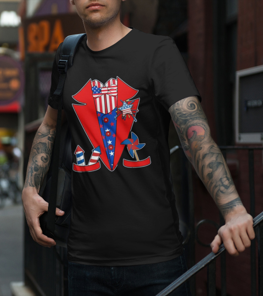 Patriotic Red White Blue Tuxedo With Stars Stripes And Rocket Pinwheels T-Shirt