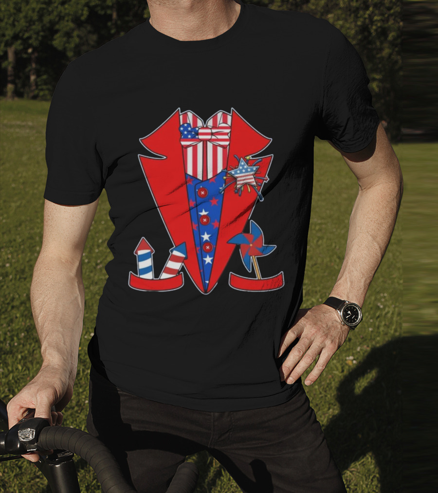 Patriotic Red White Blue Tuxedo With Stars Stripes And Rocket Pinwheels T-Shirt