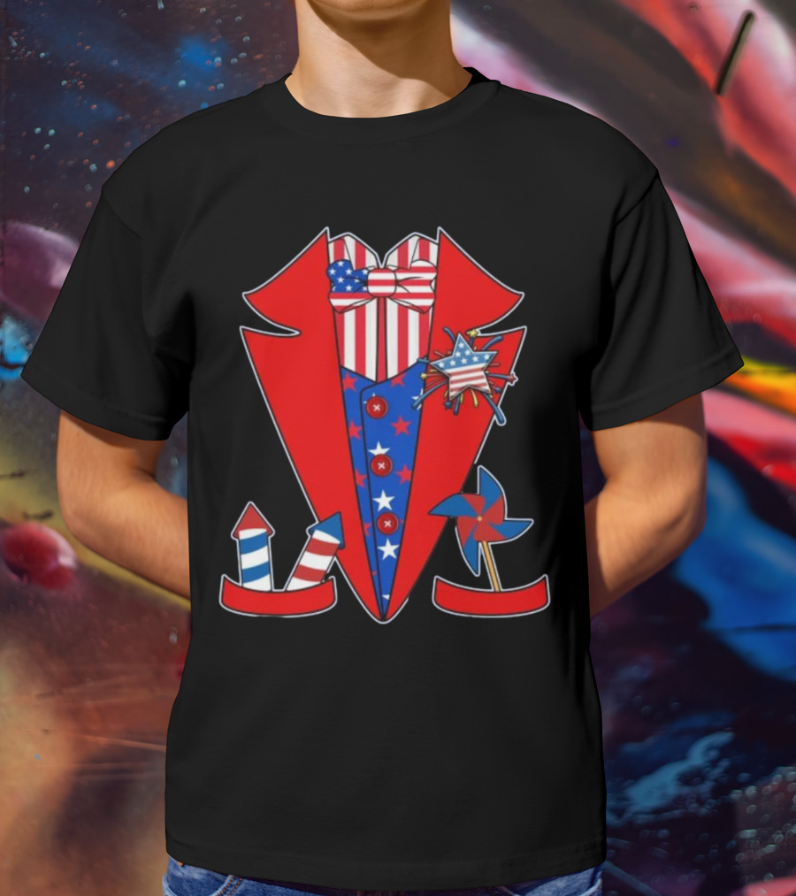 Patriotic Red White Blue Tuxedo With Stars Stripes And Rocket Pinwheels T-Shirt
