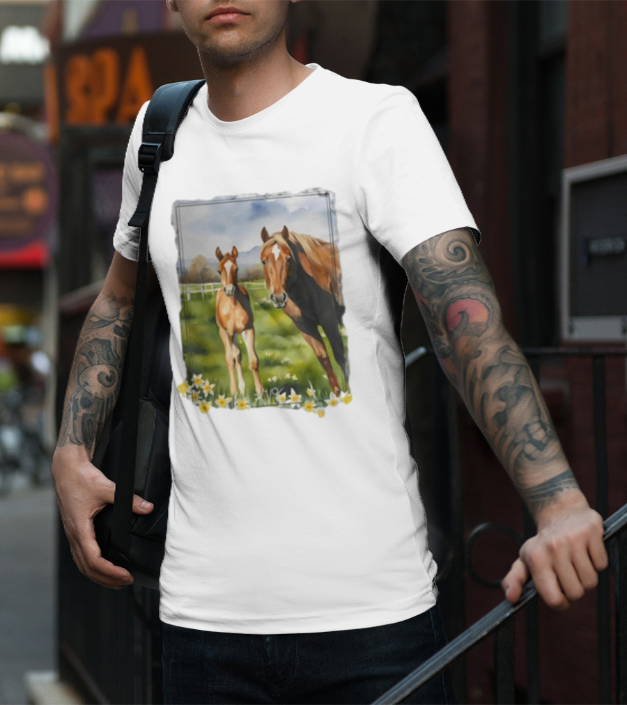 Ginger And Freddie Horses In Scenic Pasture With Daffodils T-Shirt