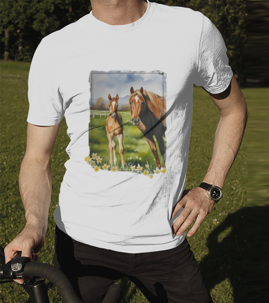 Ginger And Freddie Horses In Scenic Pasture With Daffodils T-Shirt