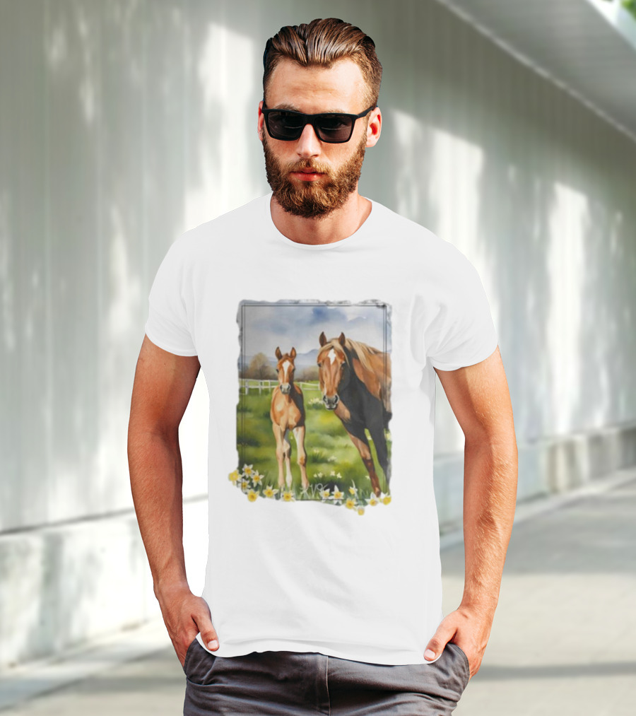 Ginger And Freddie Horses In Scenic Pasture With Daffodils T-Shirt
