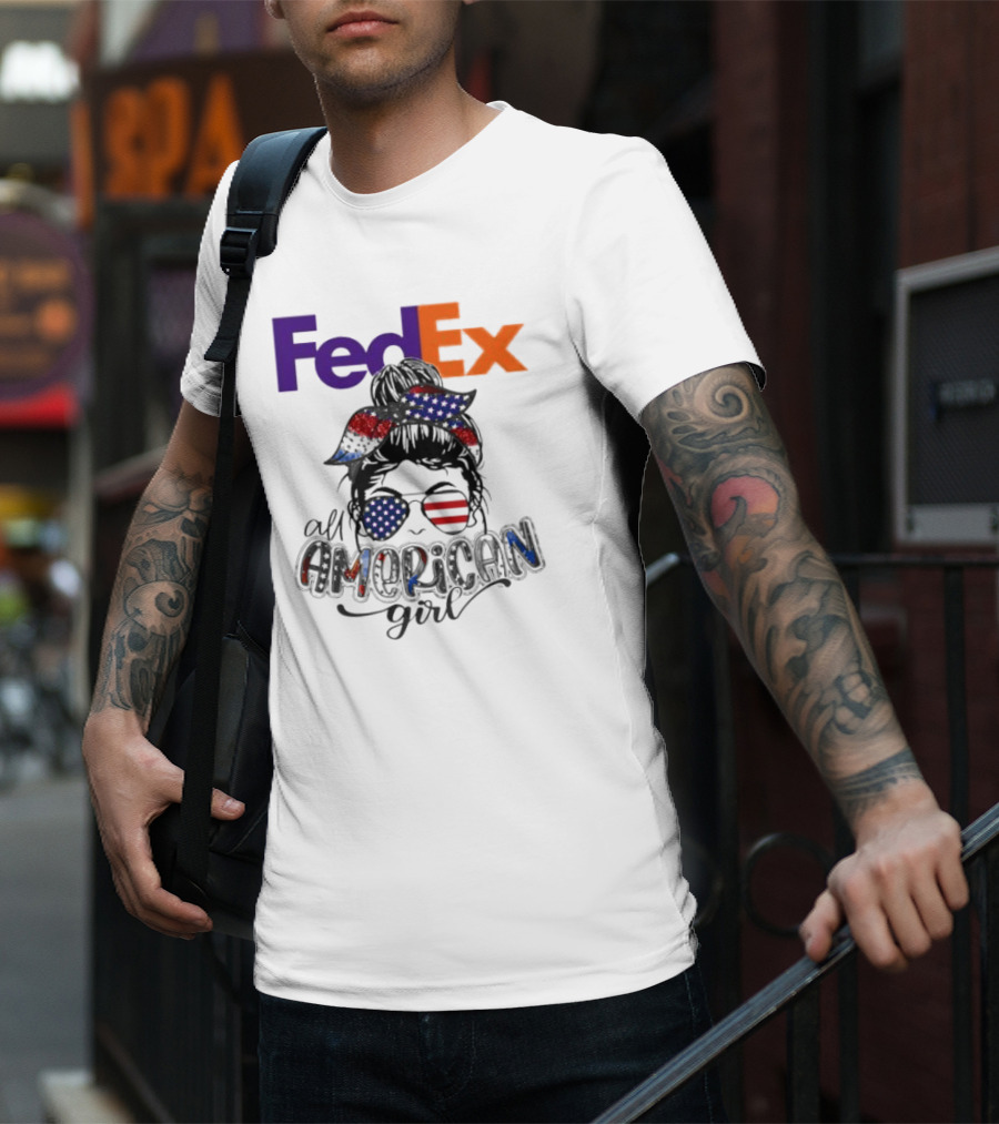 FedEx All American Girl Messy Bun Bandana And Sunglasses With Flag Elements T-Shirt