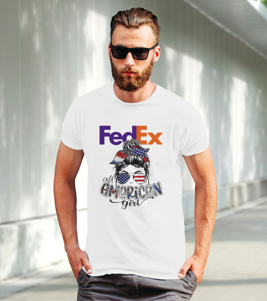 FedEx All American Girl Messy Bun Bandana And Sunglasses With Flag Elements T-Shirt