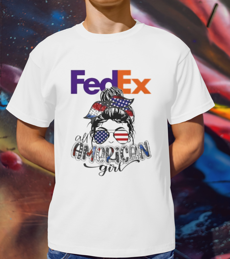 FedEx All American Girl Messy Bun Bandana And Sunglasses With Flag Elements T-Shirt