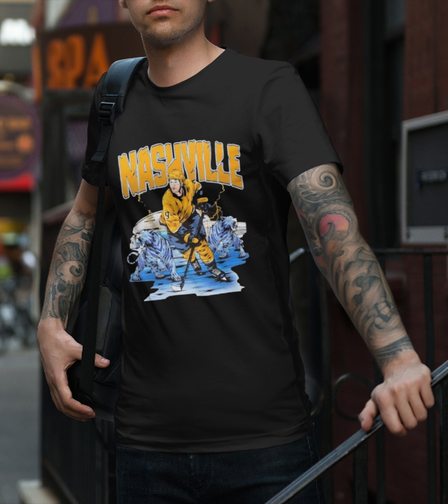 Nashville Predators Filip Forsberg Hockey Number 9 Action With Ice Background And Predators Lions T-Shirt