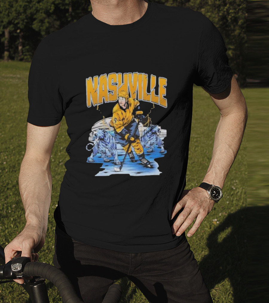 Nashville Predators Filip Forsberg Hockey Number 9 Action With Ice Background And Predators Lions T-Shirt