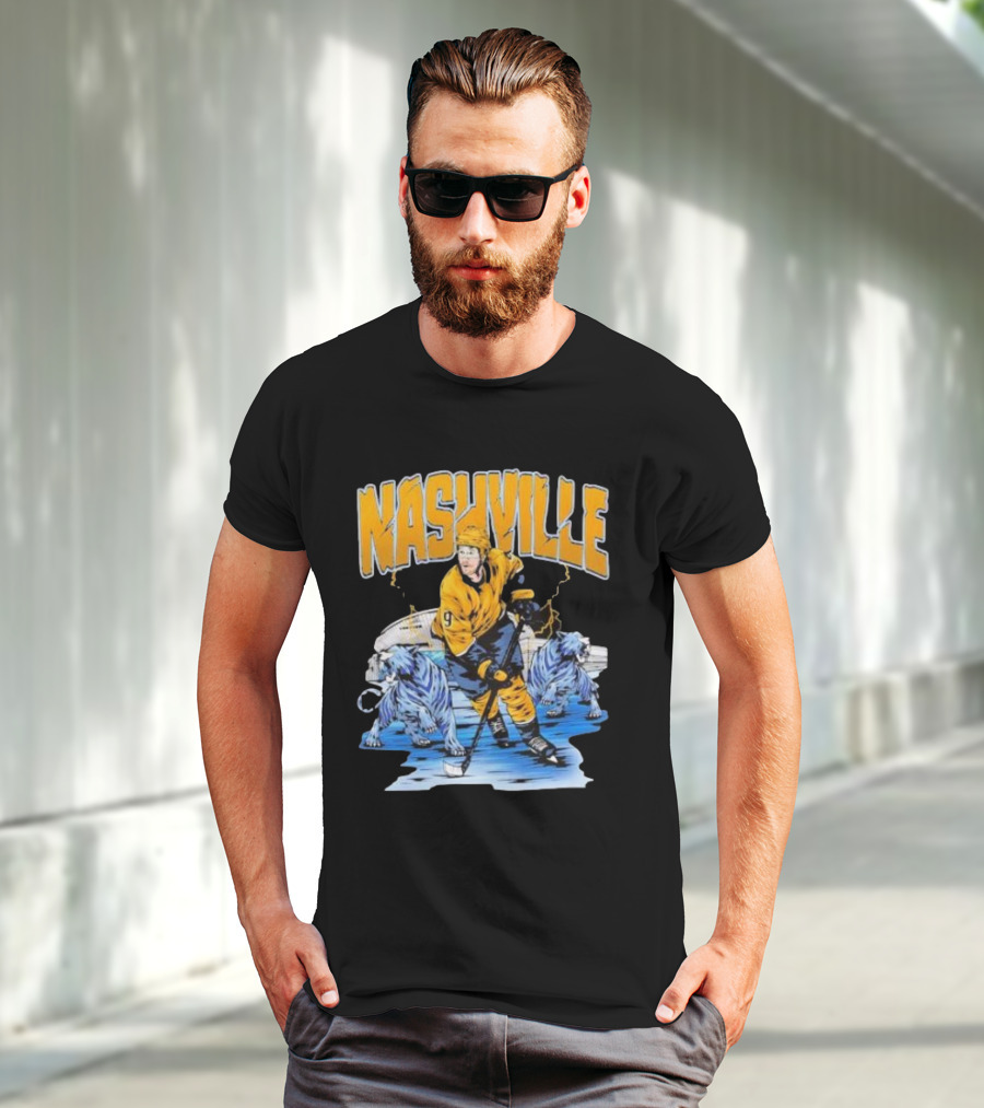 Nashville Predators Filip Forsberg Hockey Number 9 Action With Ice Background And Predators Lions T-Shirt