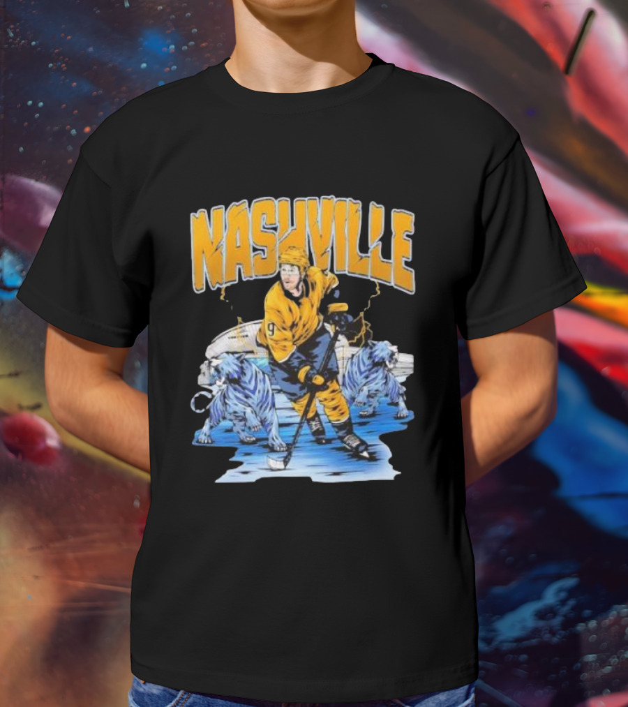 Nashville Predators Filip Forsberg Hockey Number 9 Action With Ice Background And Predators Lions T-Shirt