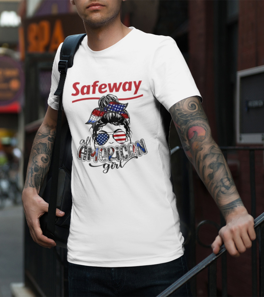Safeway All American Girl Messy Bun Red White Blue Glasses Bandana T-Shirt