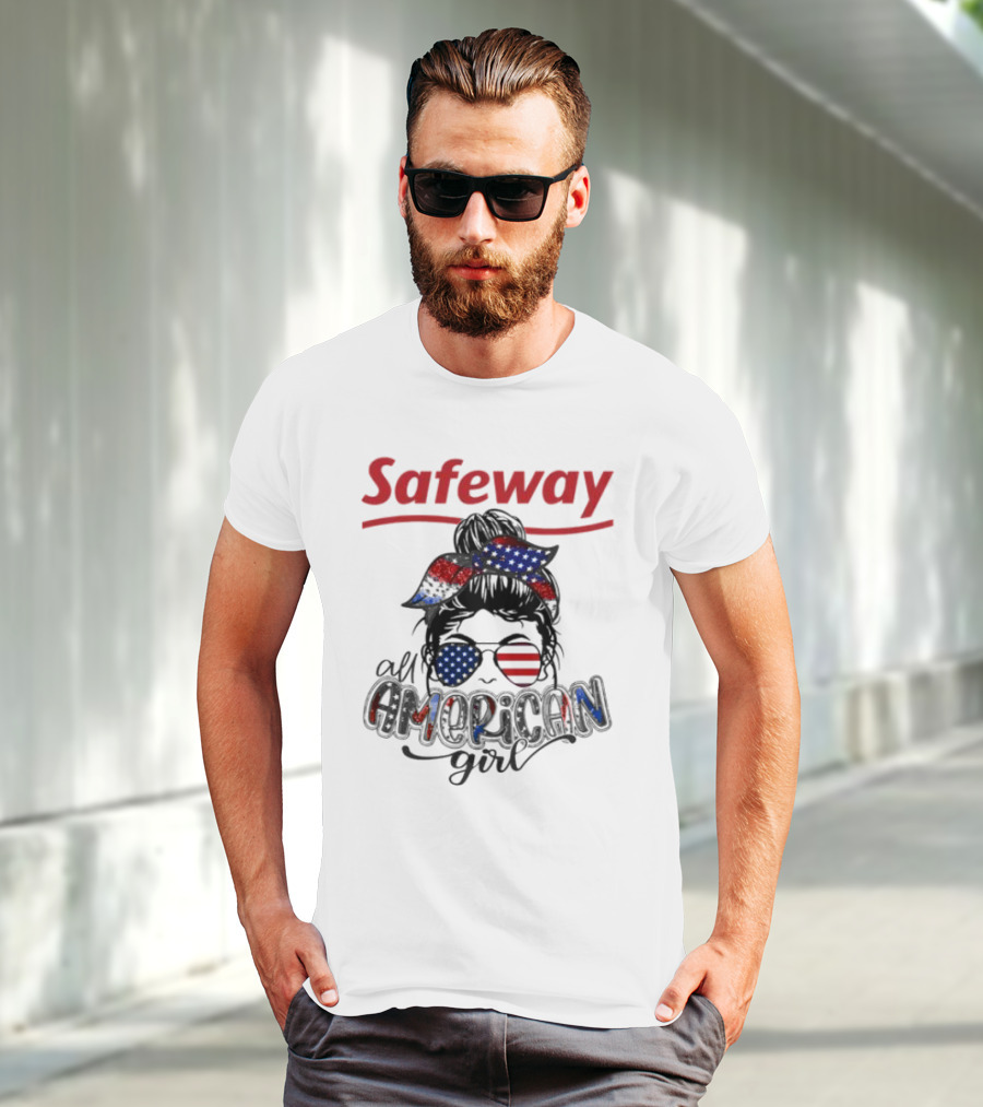 Safeway All American Girl Messy Bun Red White Blue Glasses Bandana T-Shirt