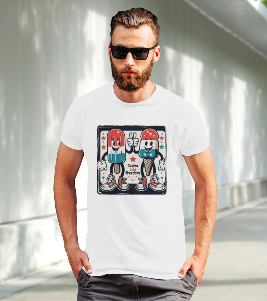 Tastes Like Freedom Popsicle And Ice Cream Characters With Stars And Sneakers T-Shirt