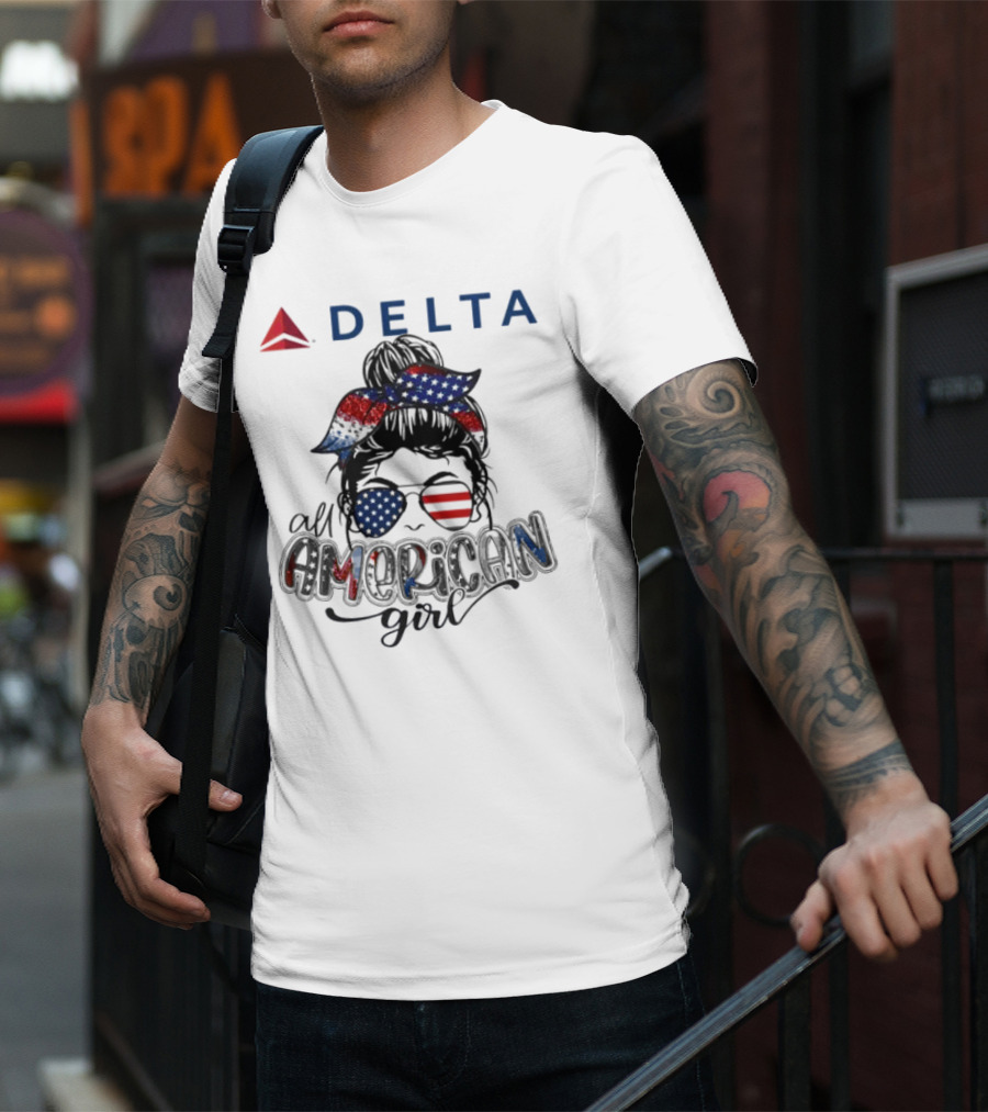 Delta Air Lines All American Girl Messy Bun Stars Stripes Bandana Sunglasses T-Shirt