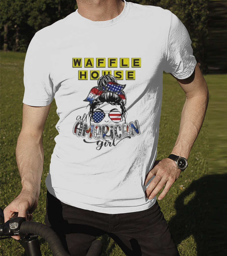 Waffle House All American Girl Messy Bun Patriotic USA Flag Glasses T-Shirt