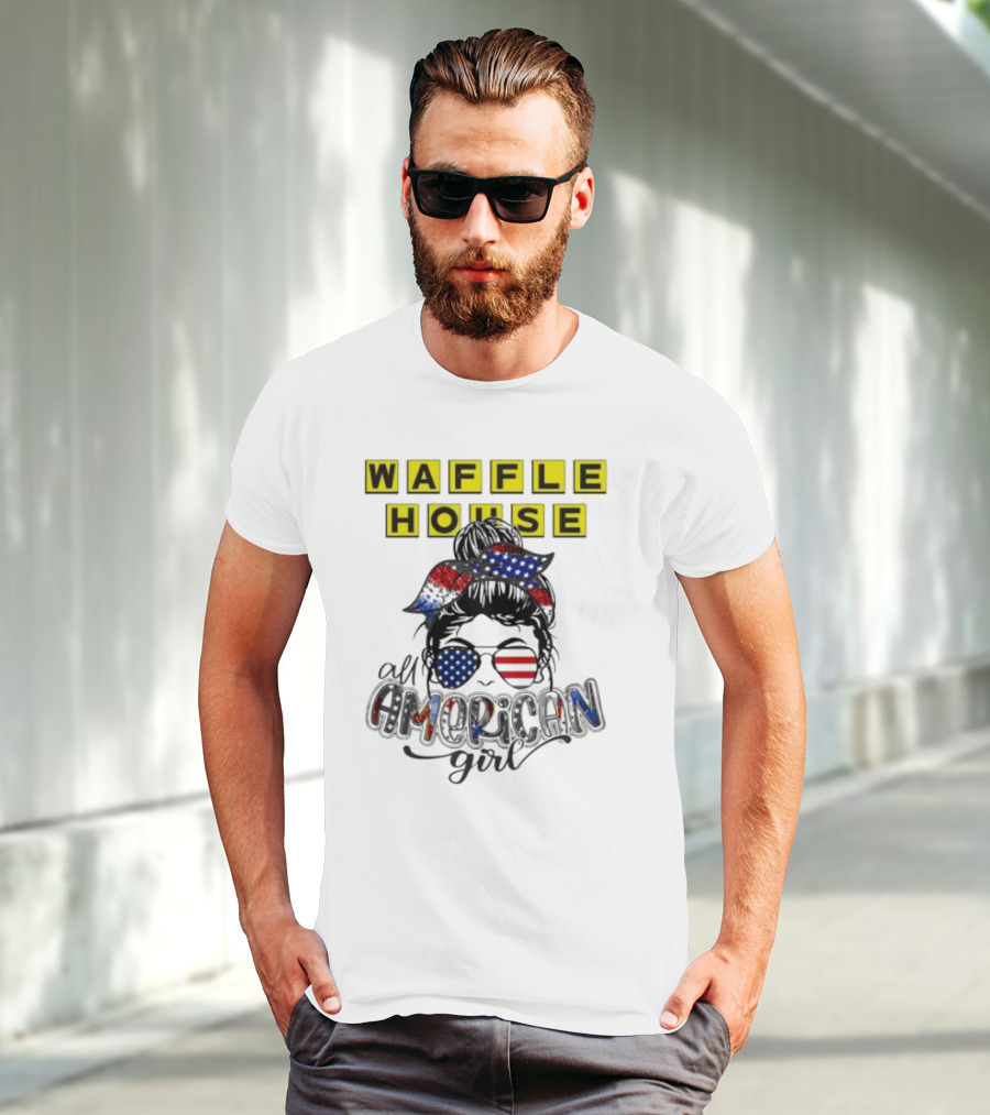 Waffle House All American Girl Messy Bun Patriotic USA Flag Glasses T-Shirt