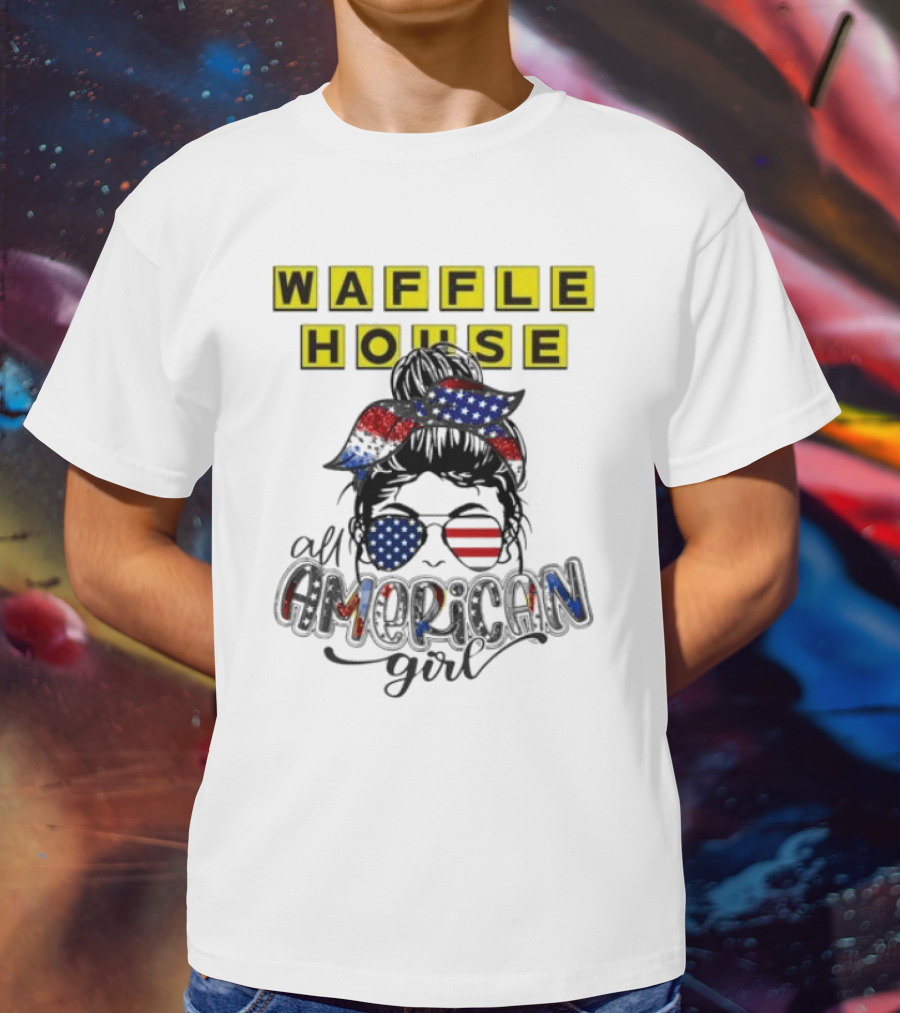 Waffle House All American Girl Messy Bun Patriotic USA Flag Glasses T-Shirt