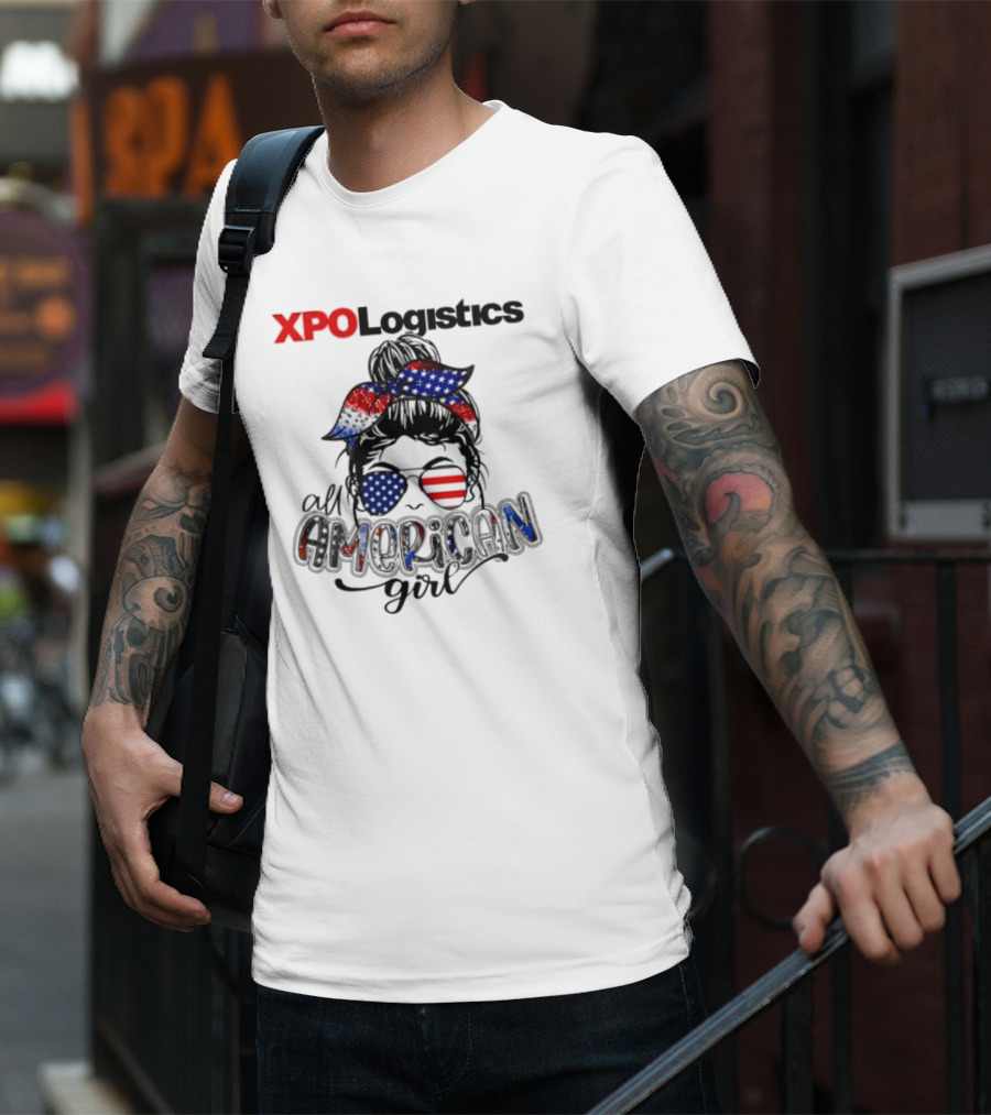 XPO Logistics All American Girl Messy Bun Red White Blue Glasses Stars Stripes T-Shirt