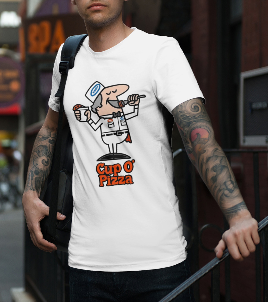 Cup O' Pizza Cartoon Character Eating From A Fork And Cup T-Shirt