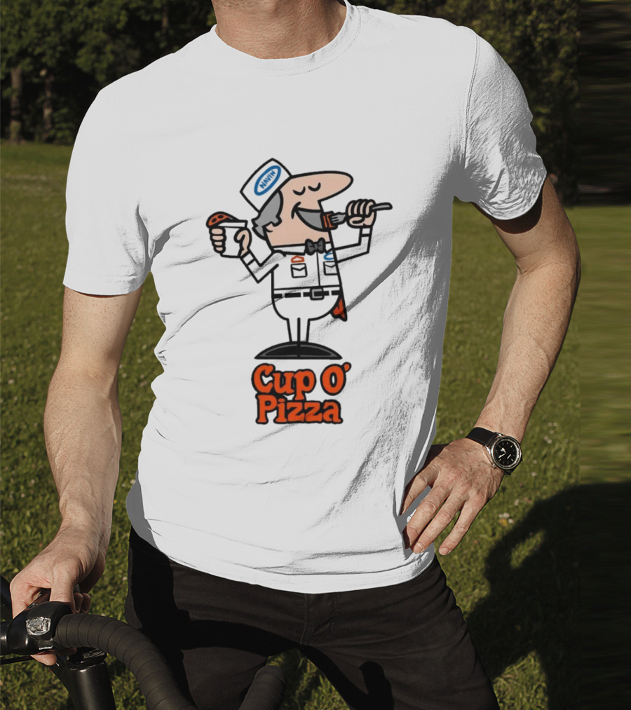 Cup O' Pizza Cartoon Character Eating From A Fork And Cup T-Shirt