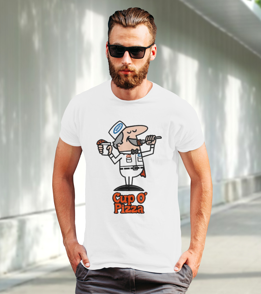 Cup O' Pizza Cartoon Character Eating From A Fork And Cup T-Shirt