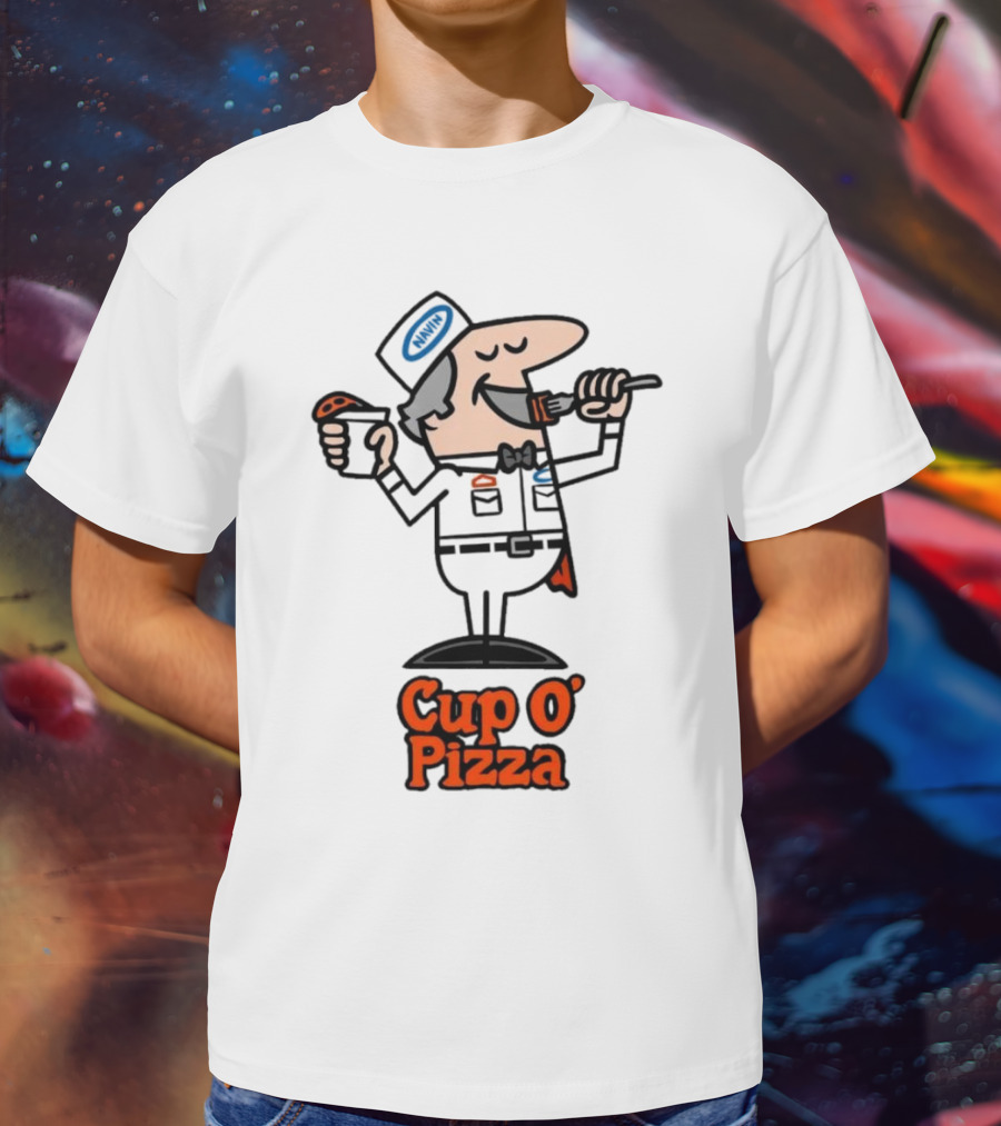 Cup O' Pizza Cartoon Character Eating From A Fork And Cup T-Shirt