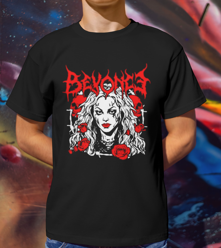 BEYONCÉ Rose Metal Gothic Style Skulls And Roses T-Shirt