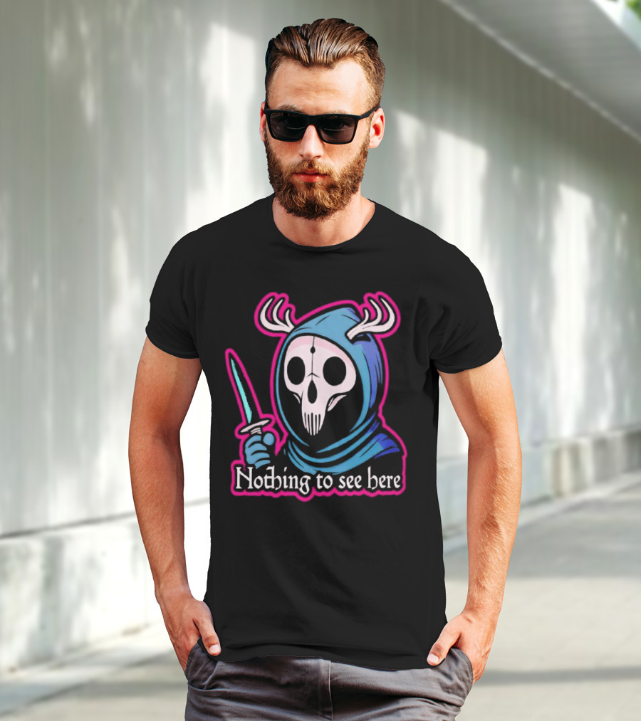 Grim Reaper Nothing To See Here Skull Hood Antlers Knife T-Shirt