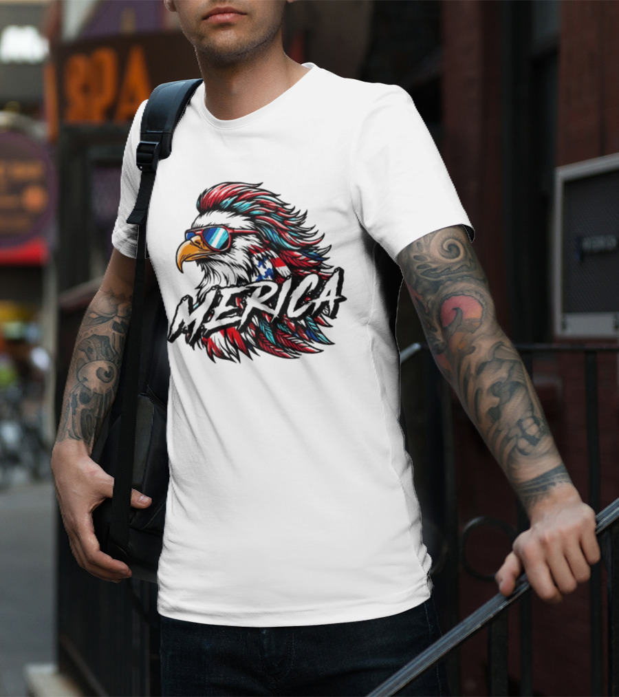 Merica Mullet Eagle With Patriotic Sunglasses And Americana Colors T-Shirt