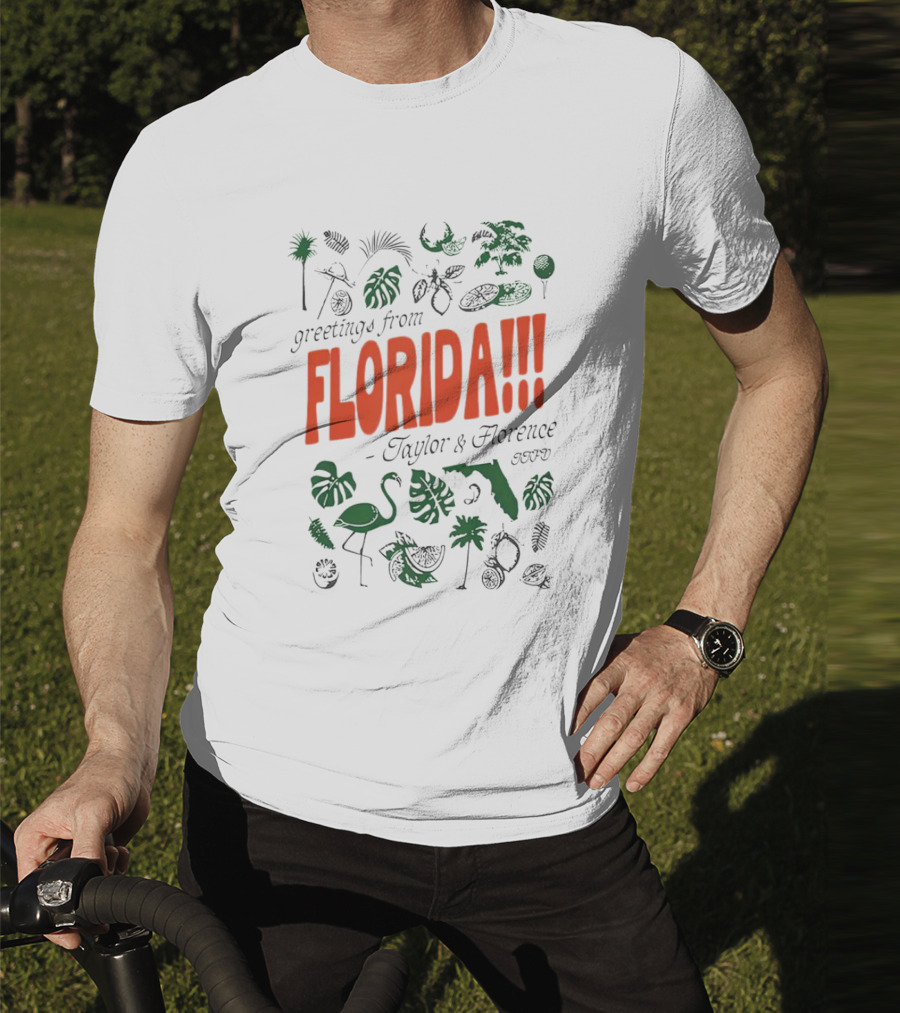 Greetings From Florida Taylor And Florence TTPD Flamingo Palm Map Iconic Tropical T-Shirt