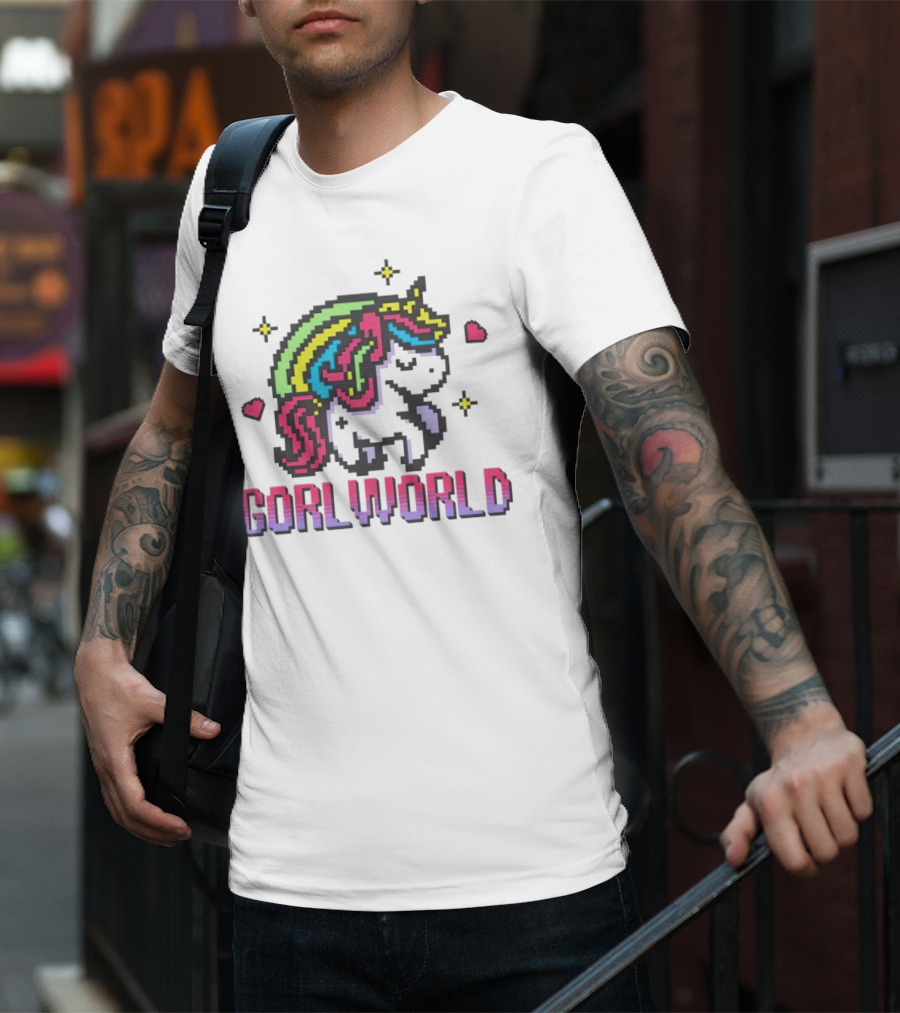 Gorl World Unicorn Retro Pixel Art Rainbow Hearts T-Shirt