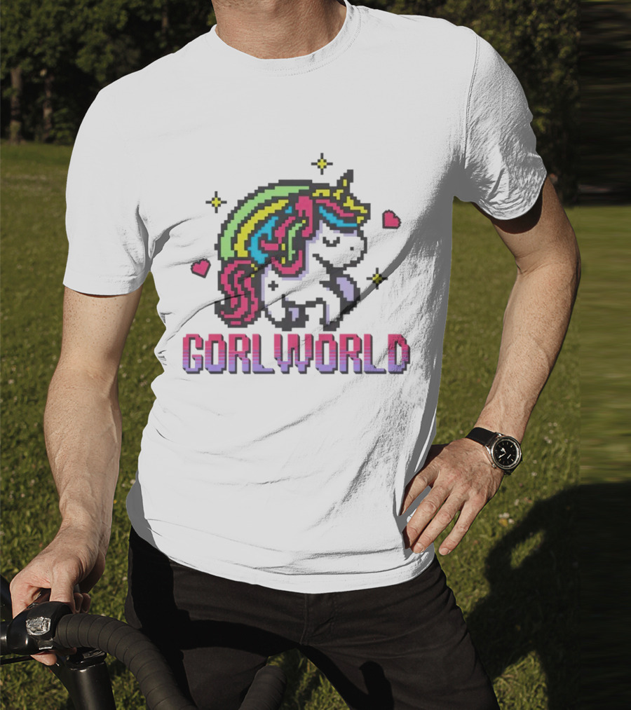 Gorl World Unicorn Retro Pixel Art Rainbow Hearts T-Shirt