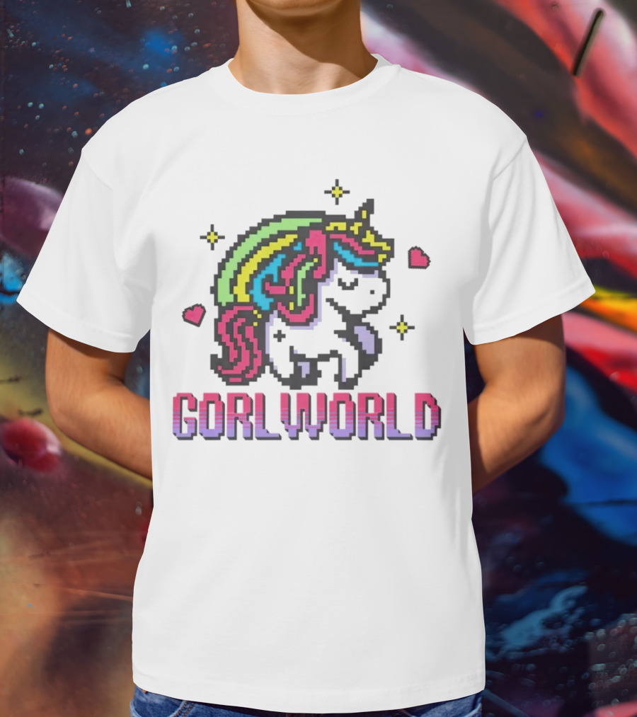 Gorl World Unicorn Retro Pixel Art Rainbow Hearts T-Shirt