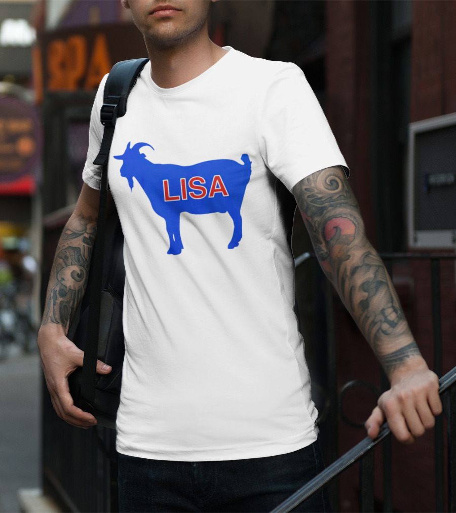 Lisa L Dubbs Goat Silhouette With Name In Bold Red Letters Blue Background T-Shirt
