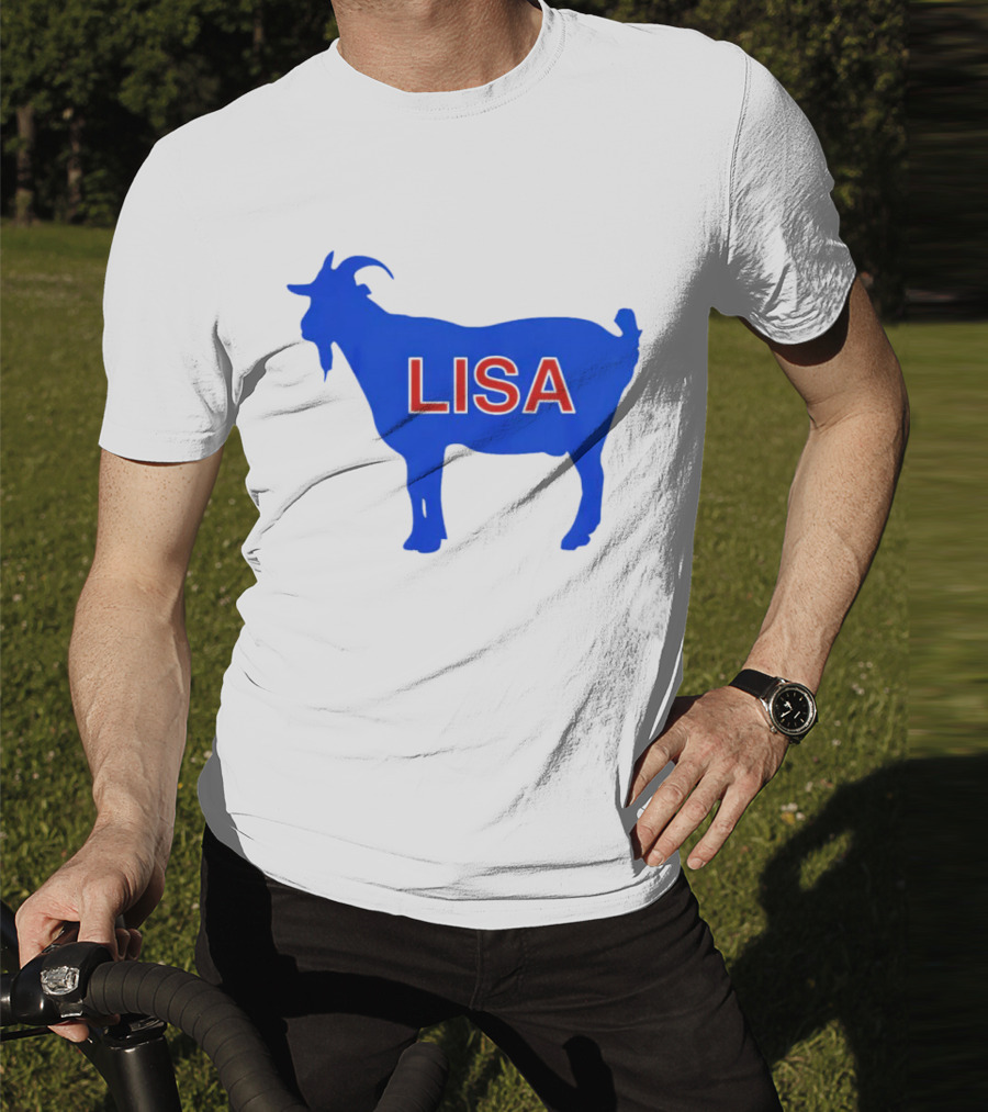 Lisa L Dubbs Goat Silhouette With Name In Bold Red Letters Blue Background T-Shirt