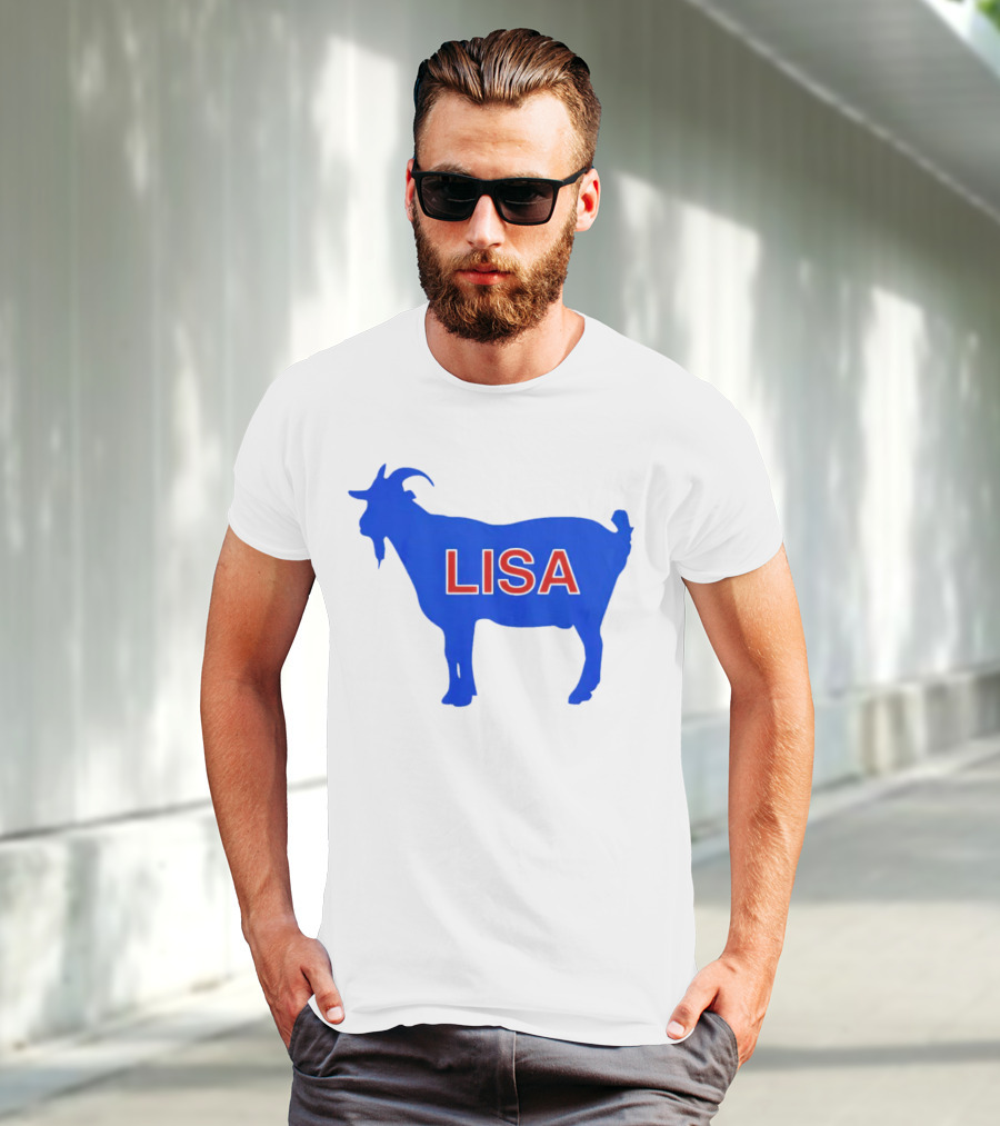 Lisa L Dubbs Goat Silhouette With Name In Bold Red Letters Blue Background T-Shirt