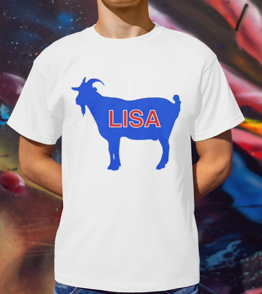 Lisa L Dubbs Goat Silhouette With Name In Bold Red Letters Blue Background T-Shirt
