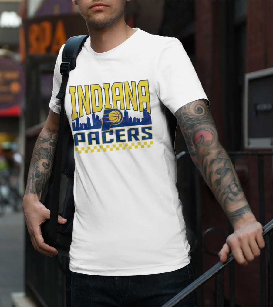 Indiana Pacers NBA Logo Skyline With Checkered T-Shirt
