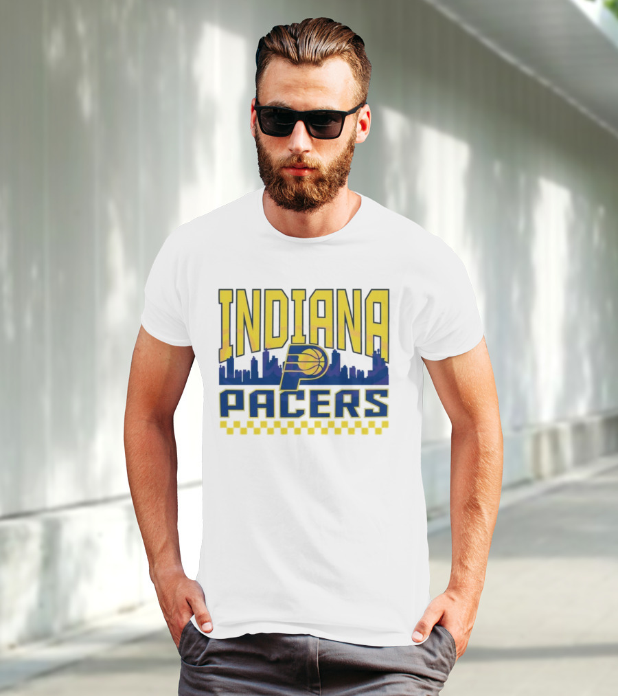 Indiana Pacers NBA Logo Skyline With Checkered T-Shirt