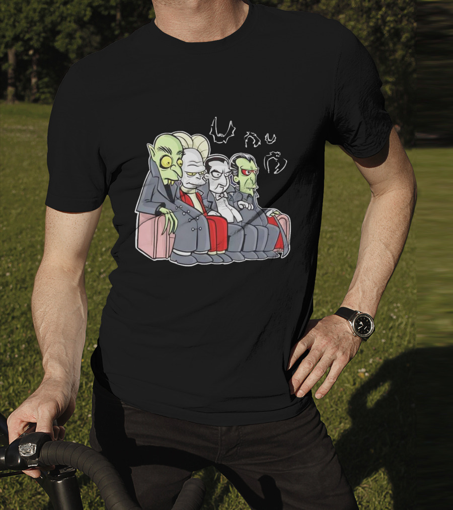 Various Versions Of Draculas Seated On A Couch With Bat Symbols T-Shirt