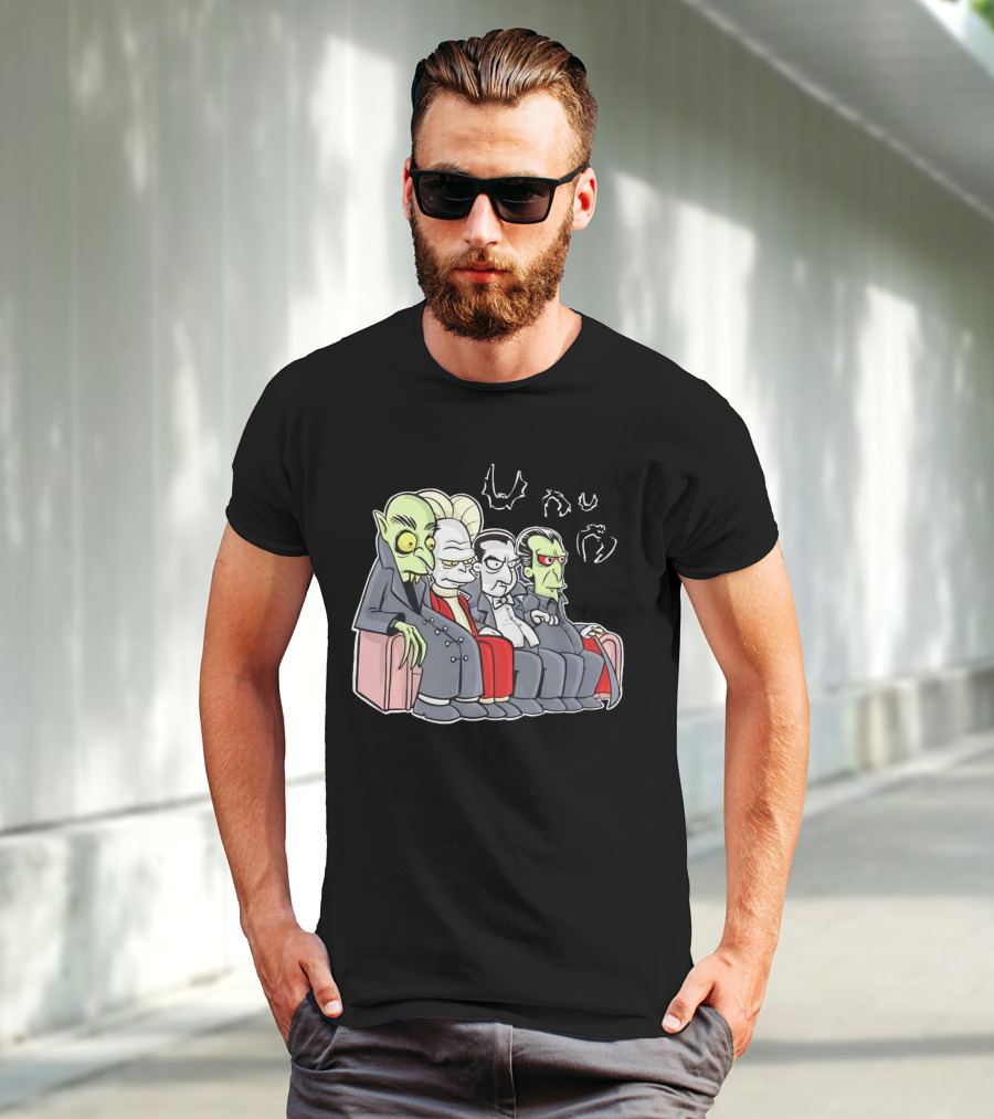 Various Versions Of Draculas Seated On A Couch With Bat Symbols T-Shirt