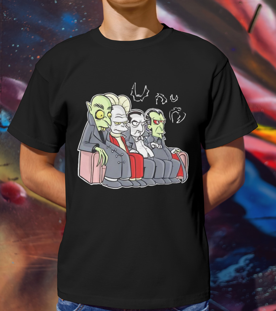 Various Versions Of Draculas Seated On A Couch With Bat Symbols T-Shirt