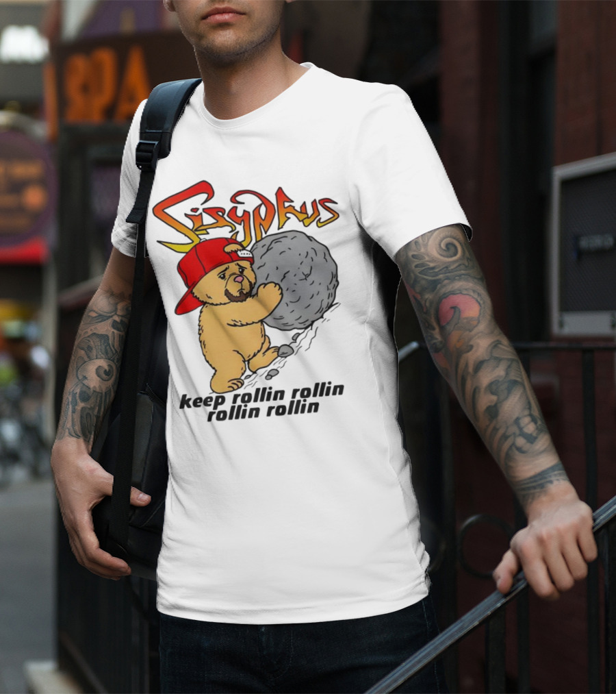 Sisyphus Keep Rollin Rollin Rollin Rollin Bear With Boulder Red Cap T-Shirt