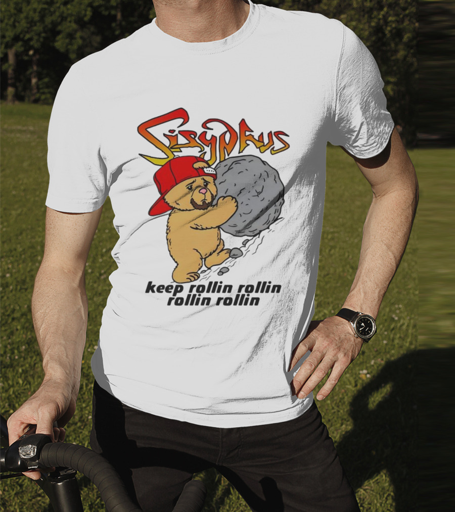 Sisyphus Keep Rollin Rollin Rollin Rollin Bear With Boulder Red Cap T-Shirt
